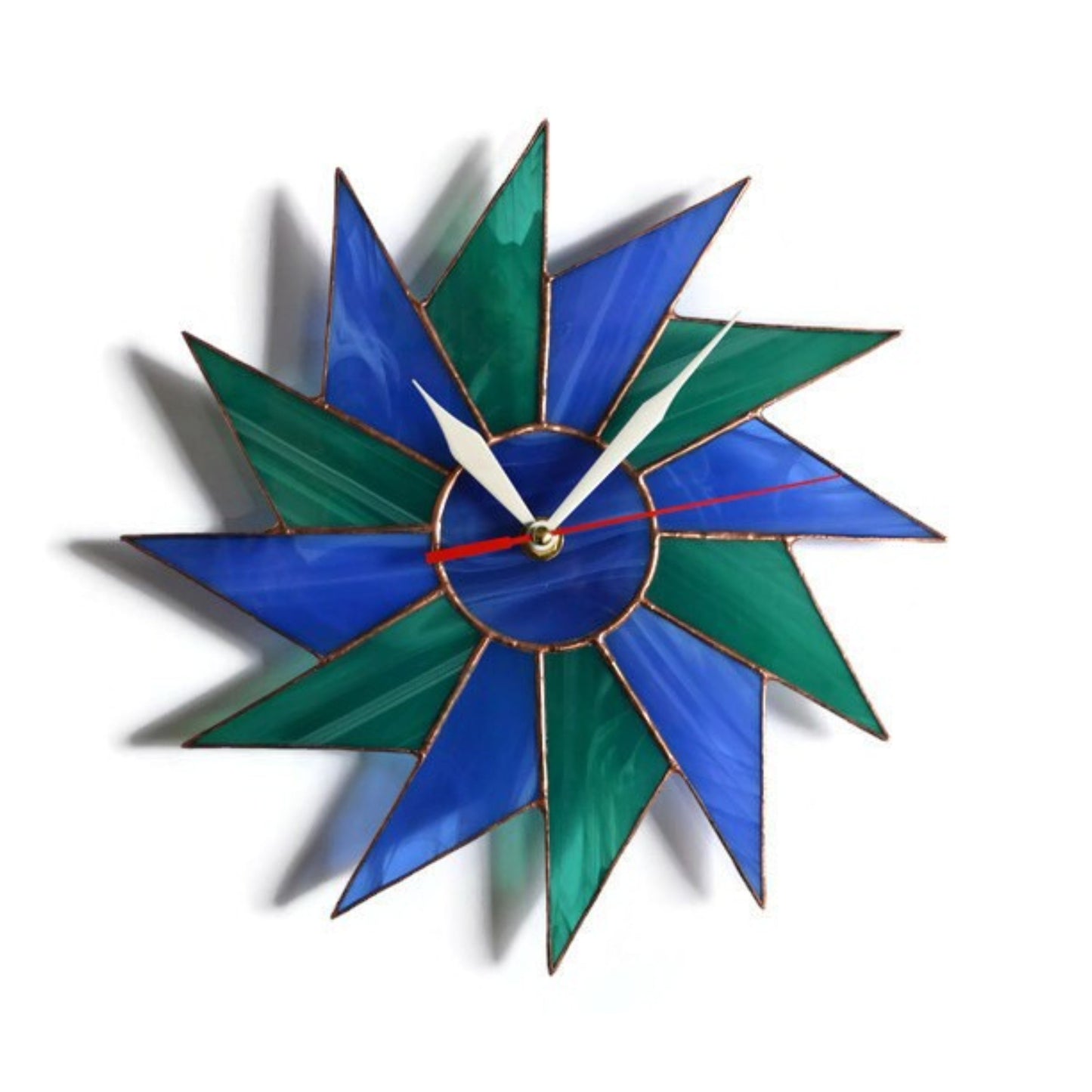 Stained Glass Starburst Wall Clock Blue Teal 10 / 12 Inch
