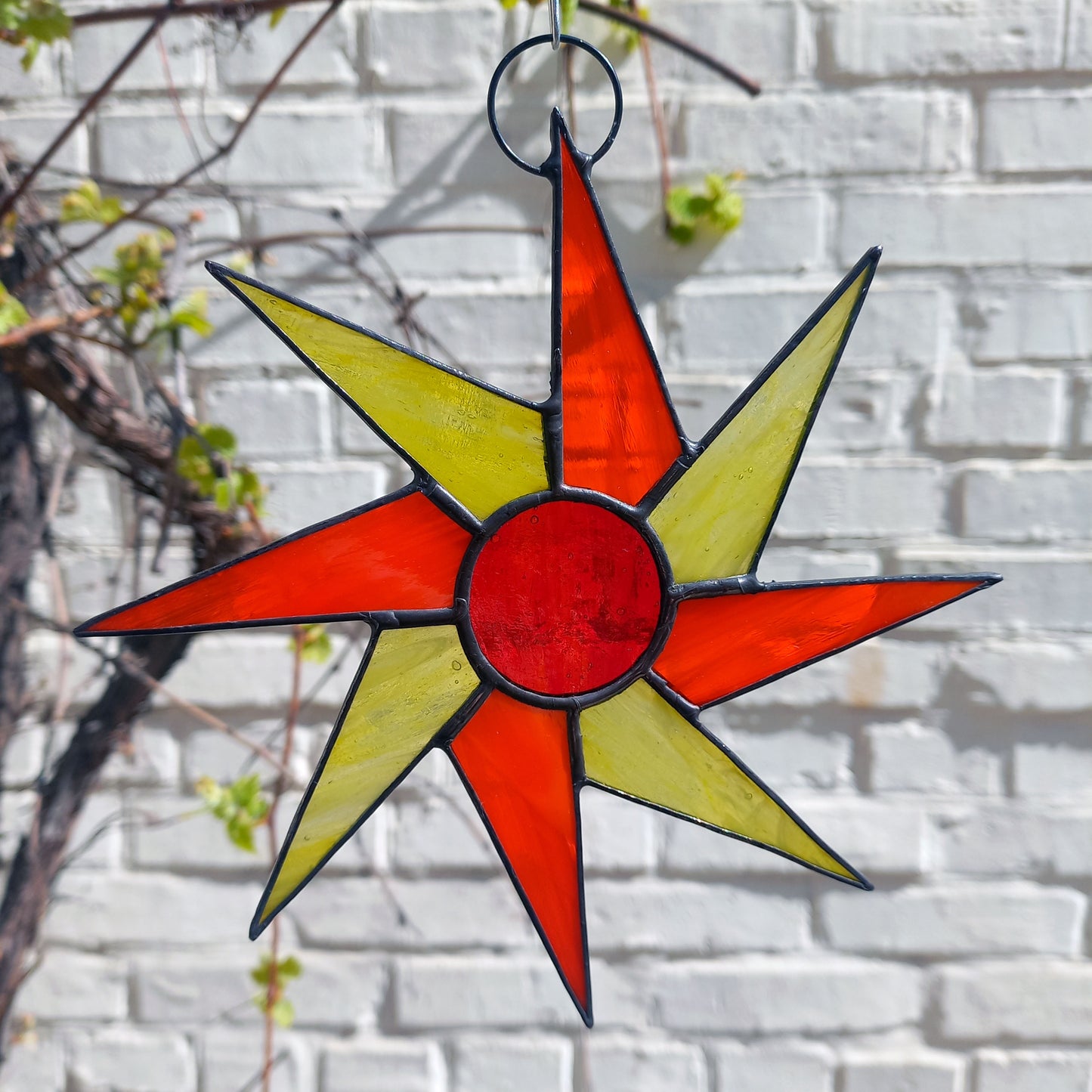 Mid Century Orange & Yellow Sunburst Stained Glass Suncatcher