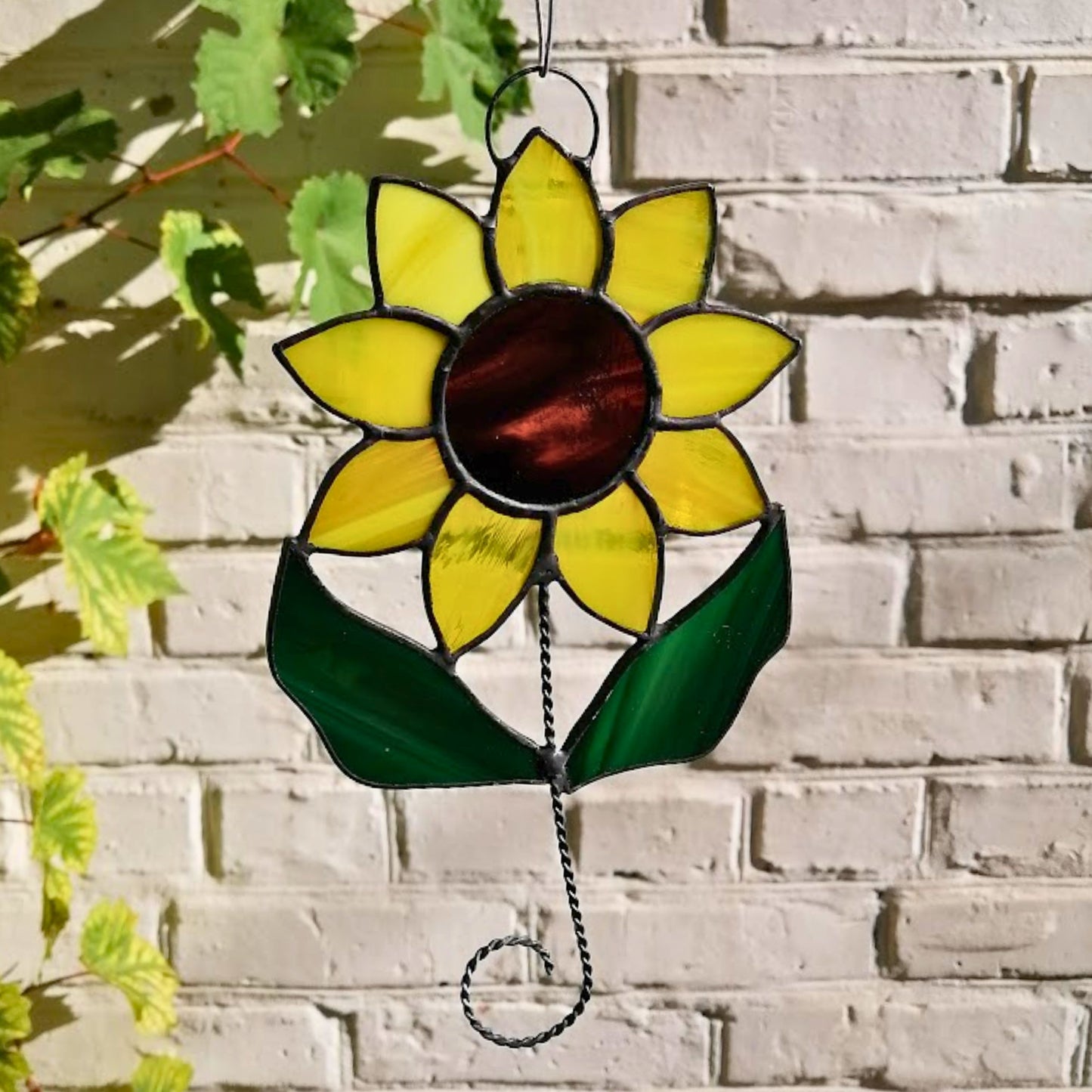 Sunflower on Stem with Leaves Stained Glass Suncatcher