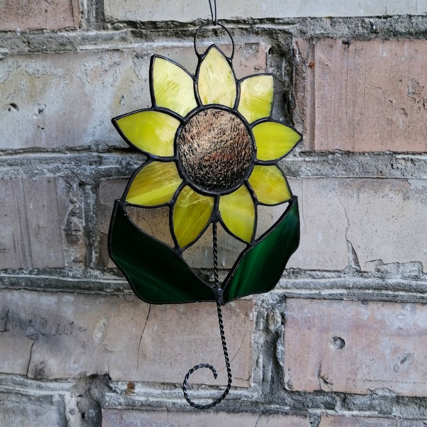 Sunflower on Stem with Leaves Stained Glass Suncatcher