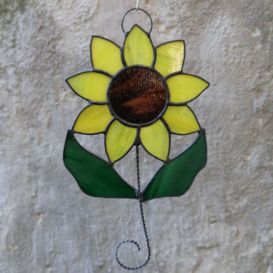 Sunflower on Stem with Leaves Stained Glass Suncatcher