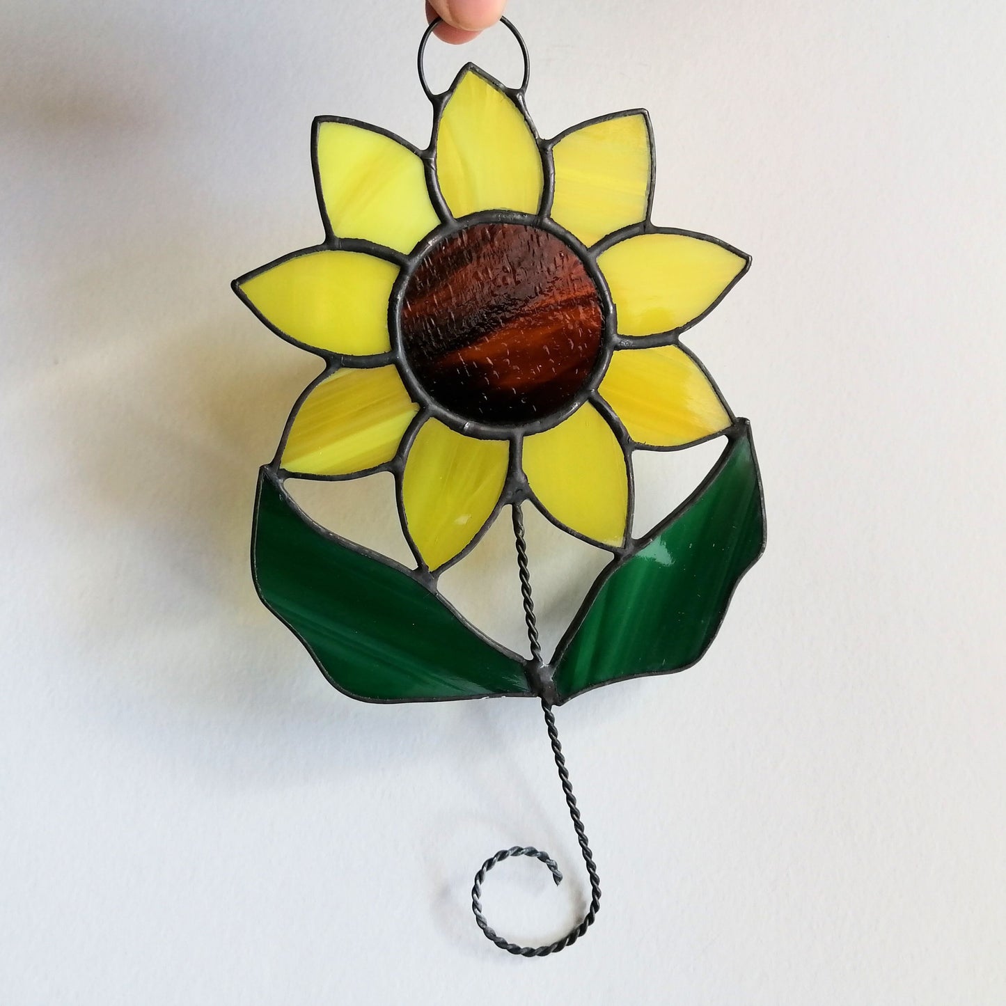 Sunflower on Stem with Leaves Stained Glass Suncatcher