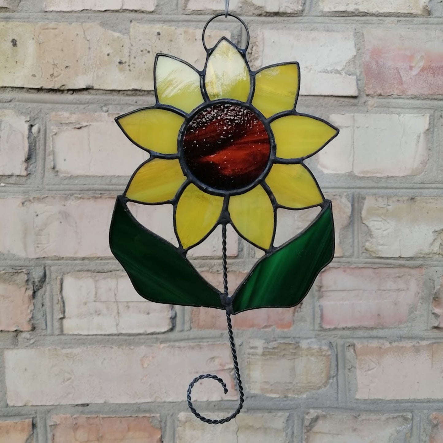 Sunflower on Stem with Leaves Stained Glass Suncatcher