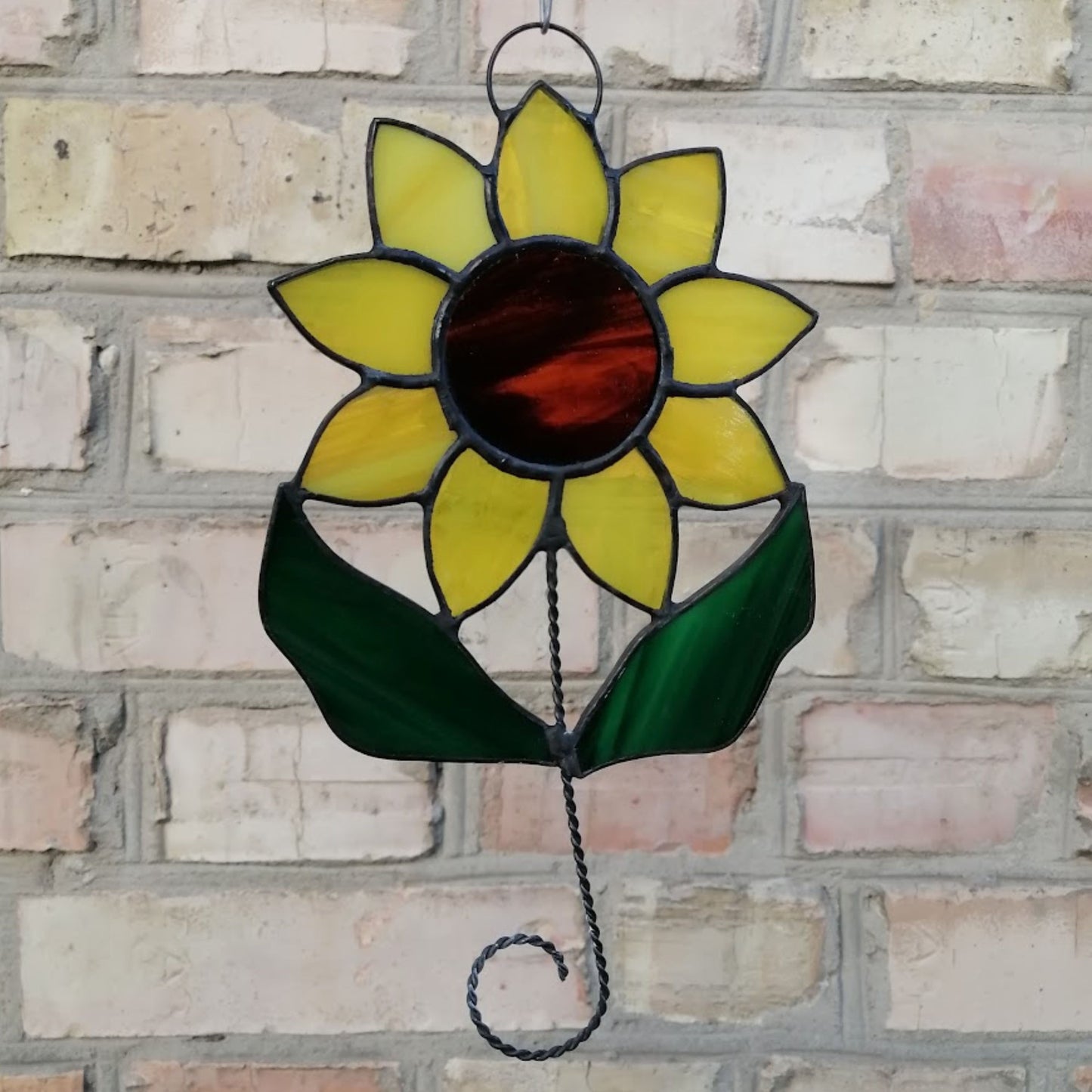 Sunflower on Stem with Leaves Stained Glass Suncatcher