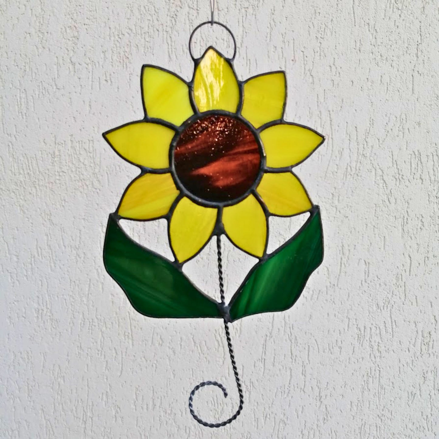 Sunflower on Stem with Leaves Stained Glass Suncatcher