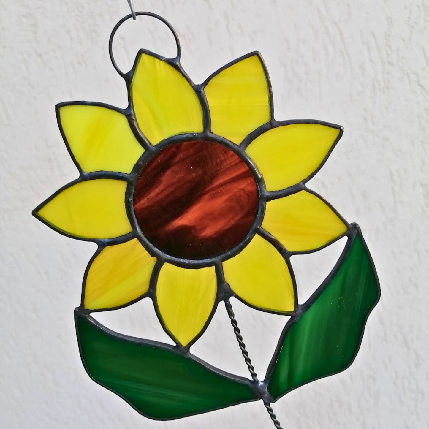 Sunflower on Stem with Leaves Stained Glass Suncatcher