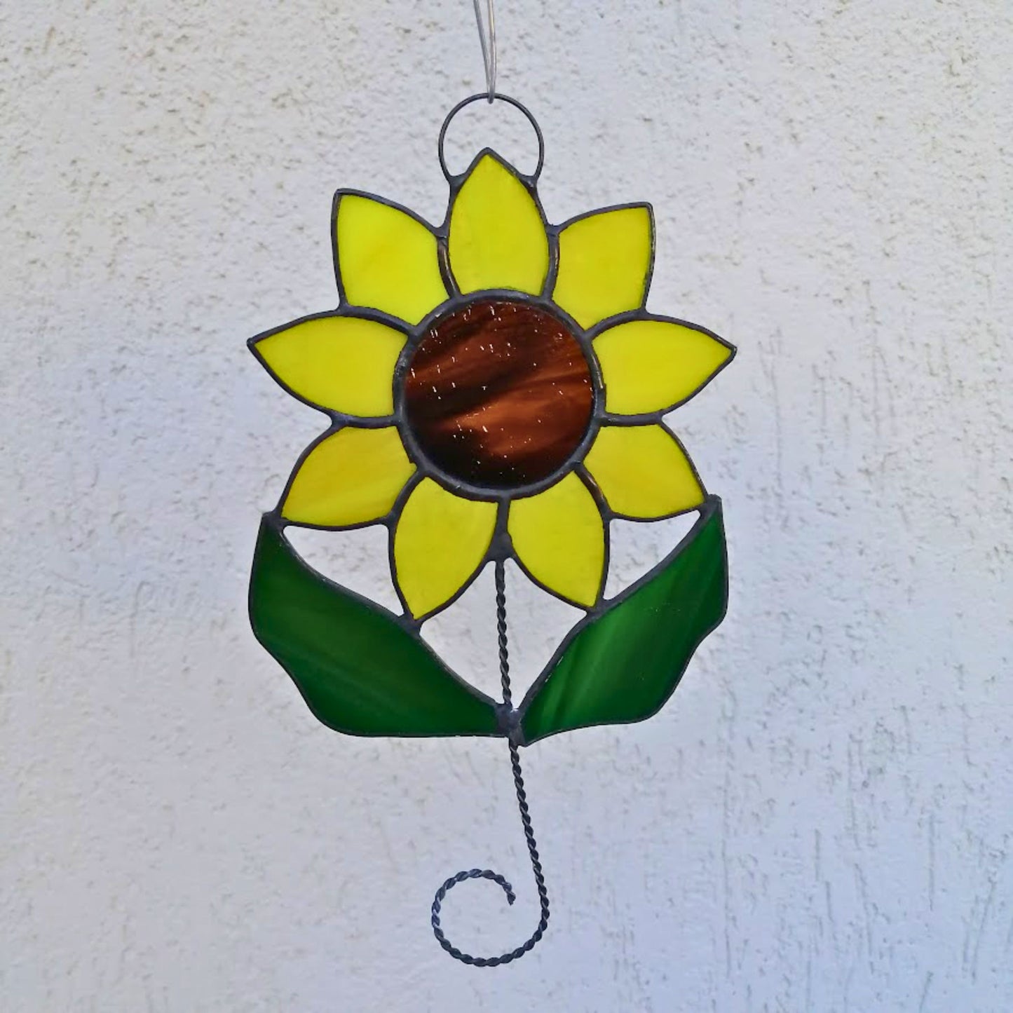 Sunflower on Stem with Leaves Stained Glass Suncatcher