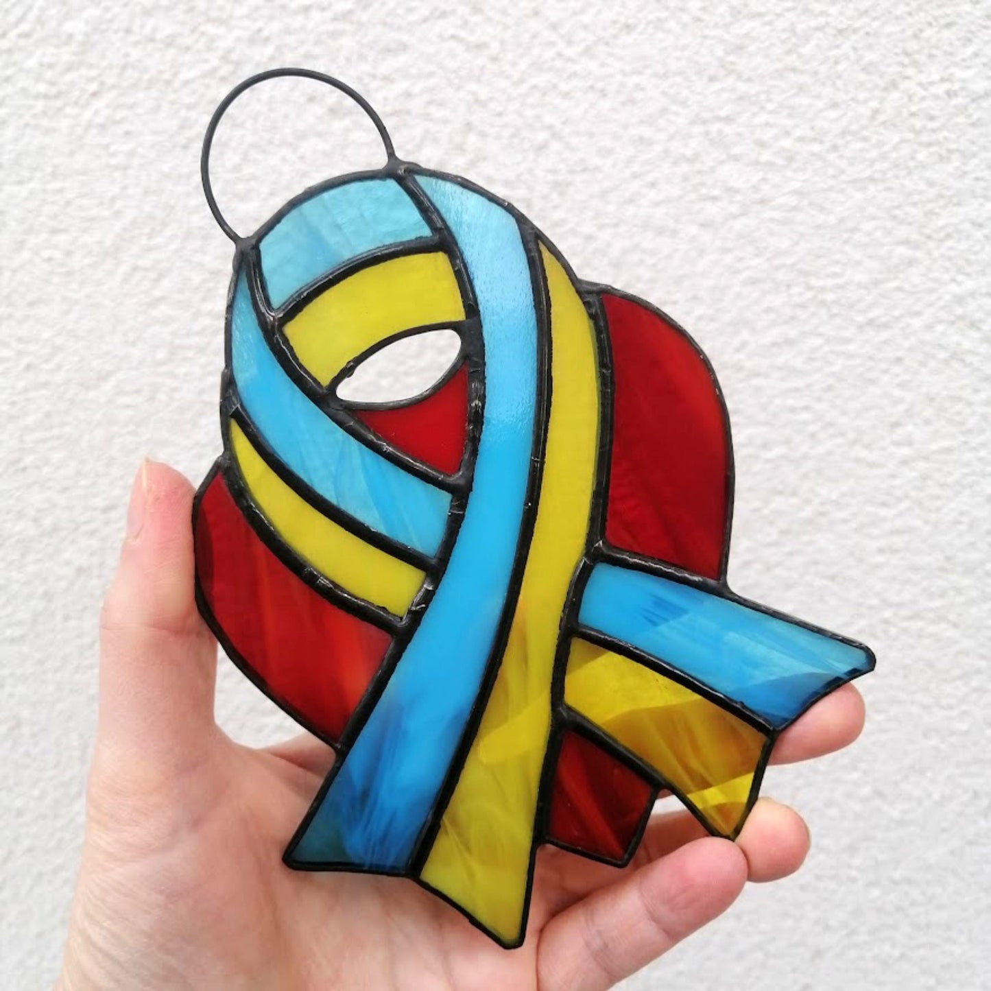 Ukraine Flag Ribbon and Red Heart Stained Glass Suncatcher