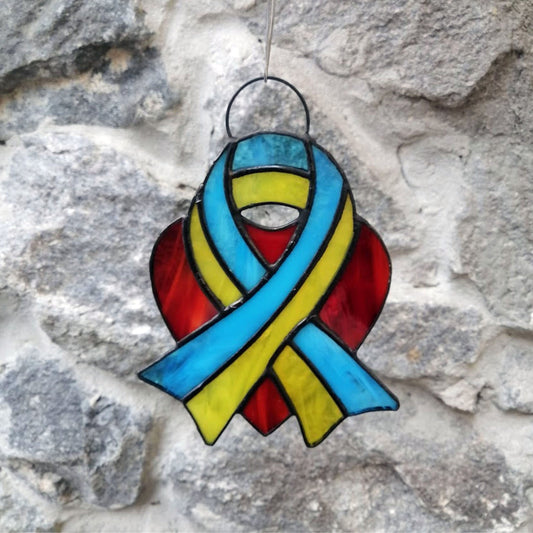 Ukraine Flag Ribbon and Red Heart Stained Glass Suncatcher
