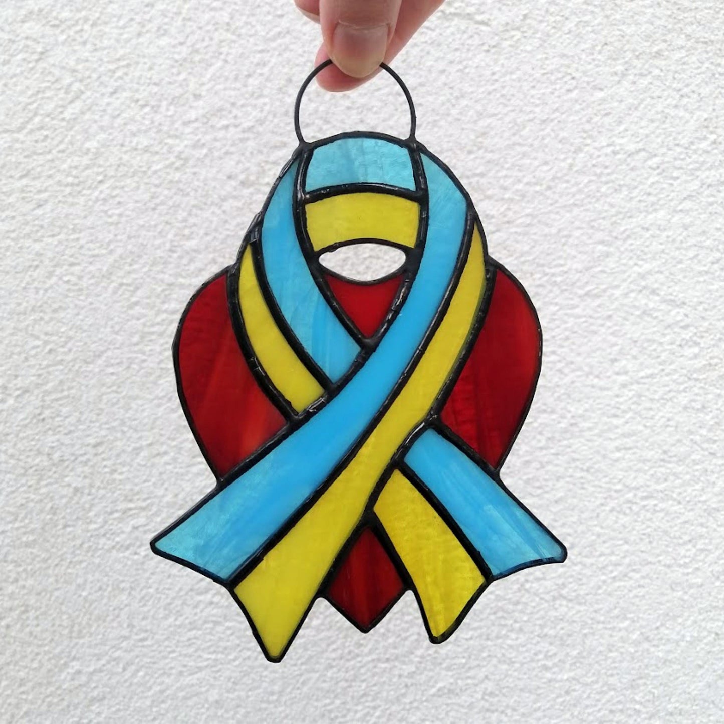 Ukraine Flag Ribbon and Red Heart Stained Glass Suncatcher