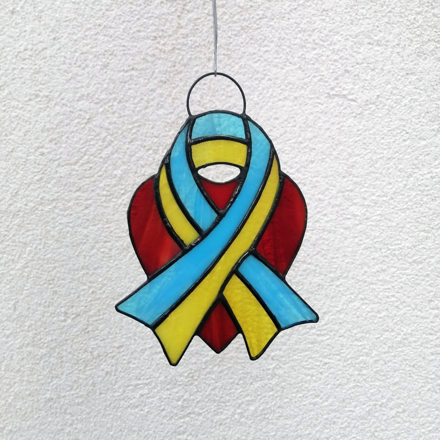 Ukraine Flag Ribbon and Red Heart Stained Glass Suncatcher