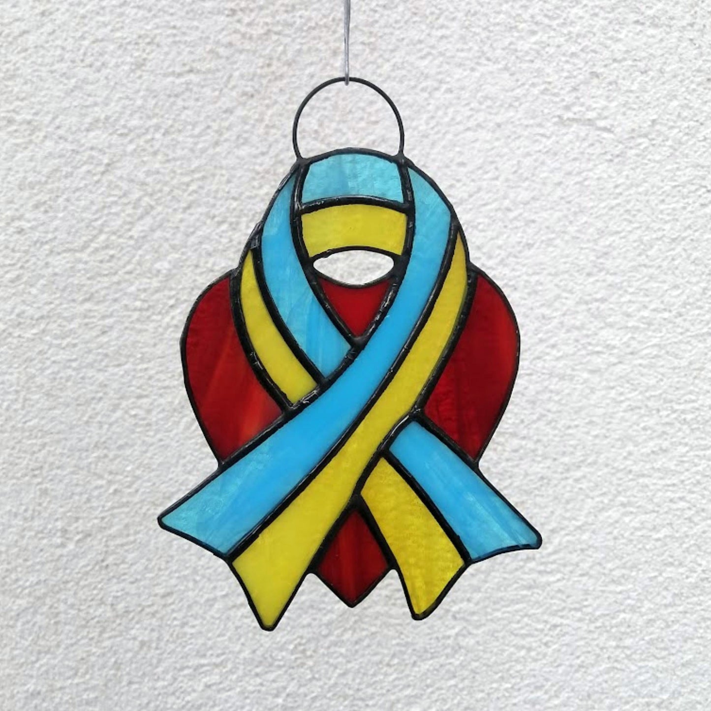 Ukraine Flag Ribbon and Red Heart Stained Glass Suncatcher