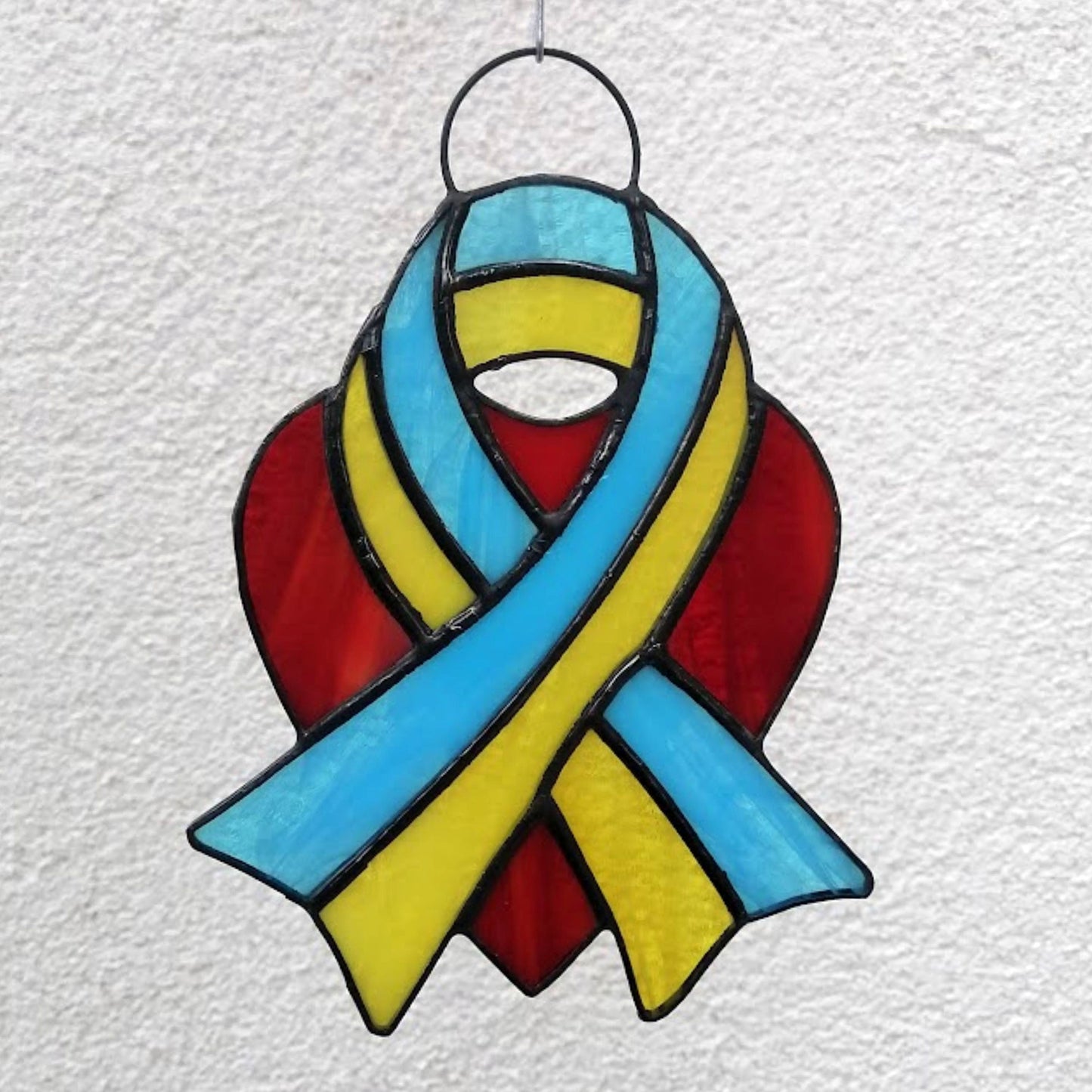 Ukraine Flag Ribbon and Red Heart Stained Glass Suncatcher