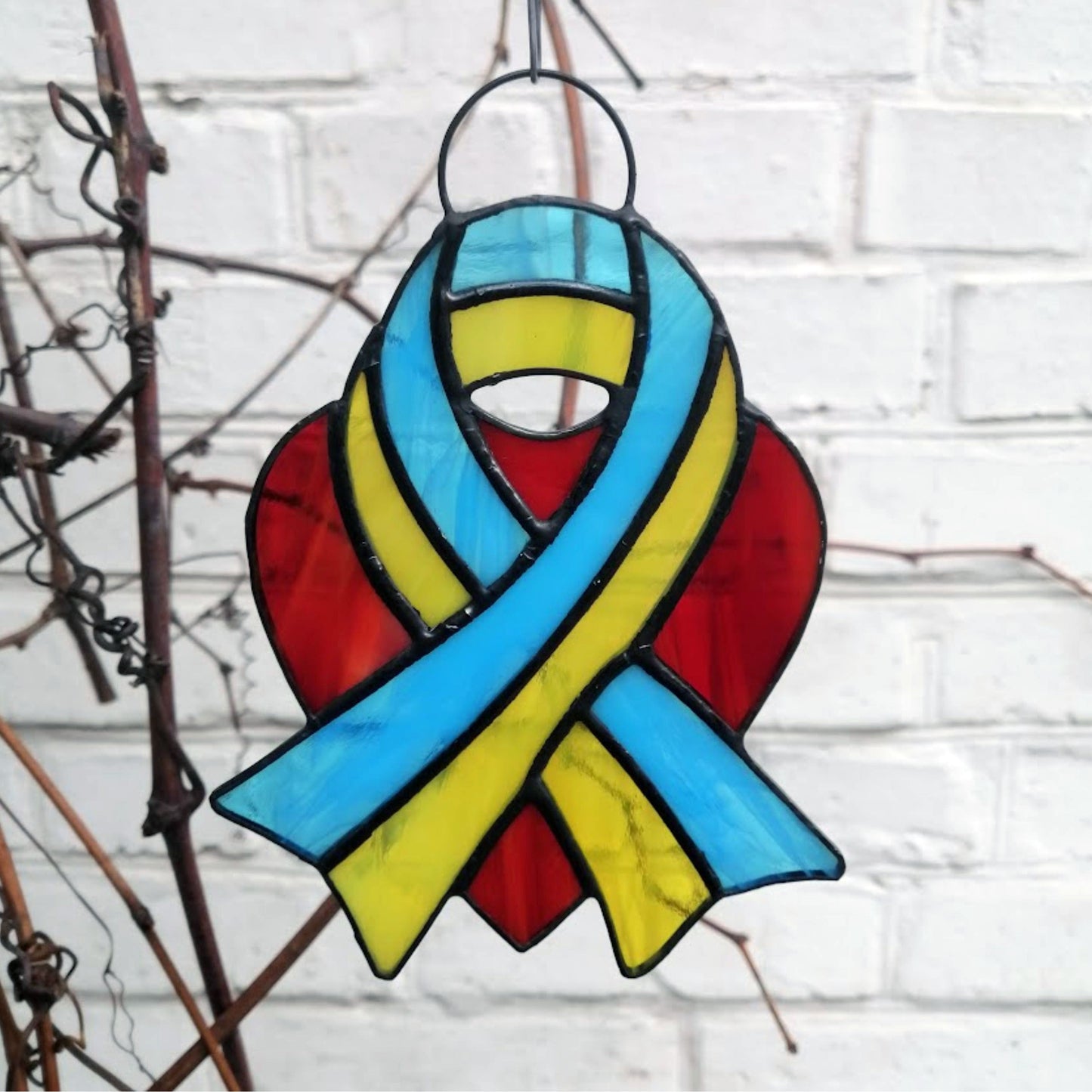 Ukraine Flag Ribbon and Red Heart Stained Glass Suncatcher
