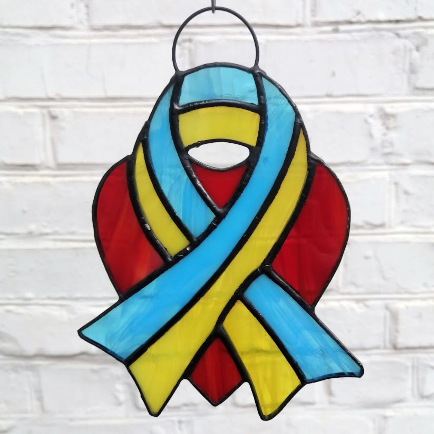 Ukraine Flag Ribbon and Red Heart Stained Glass Suncatcher
