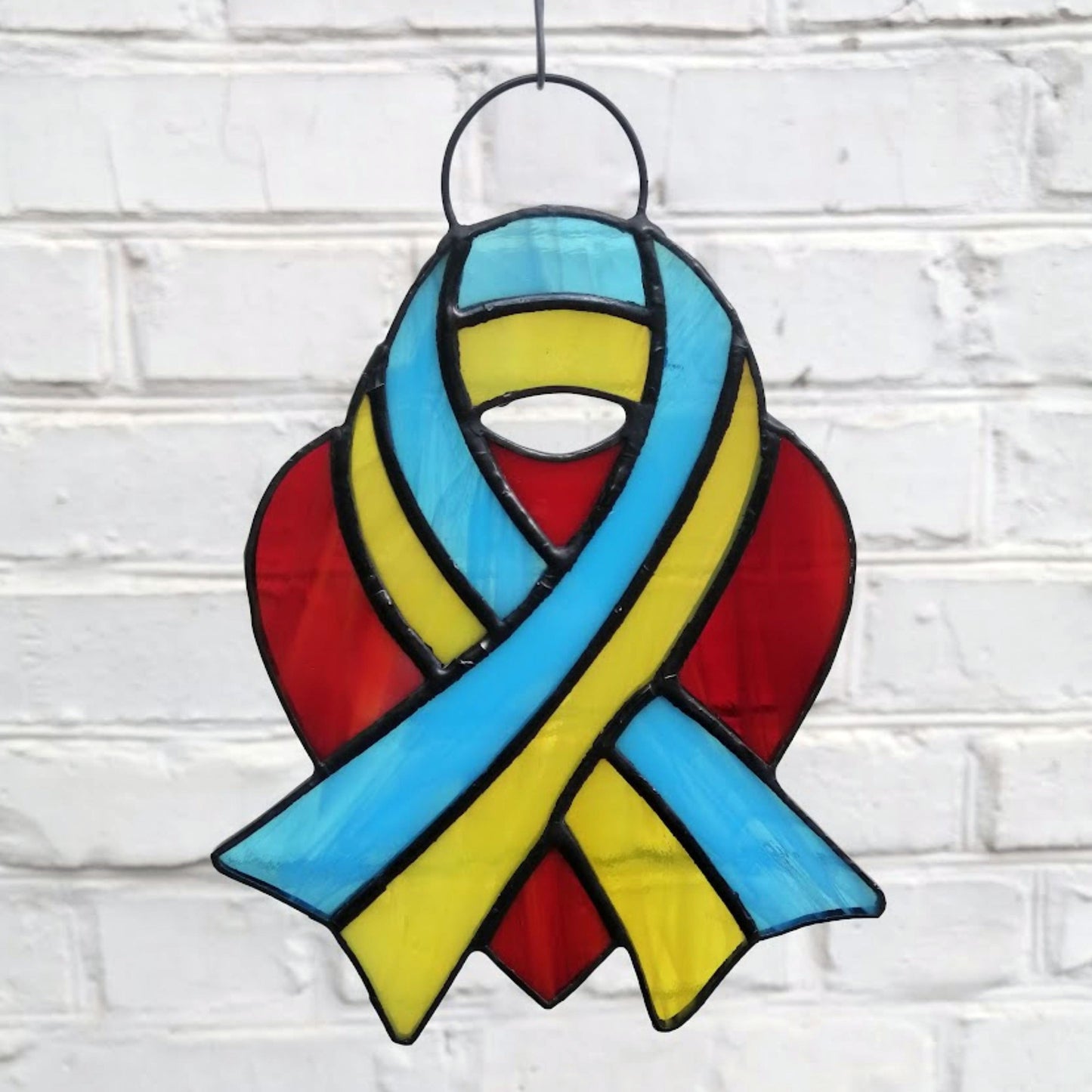 Ukraine Flag Ribbon and Red Heart Stained Glass Suncatcher