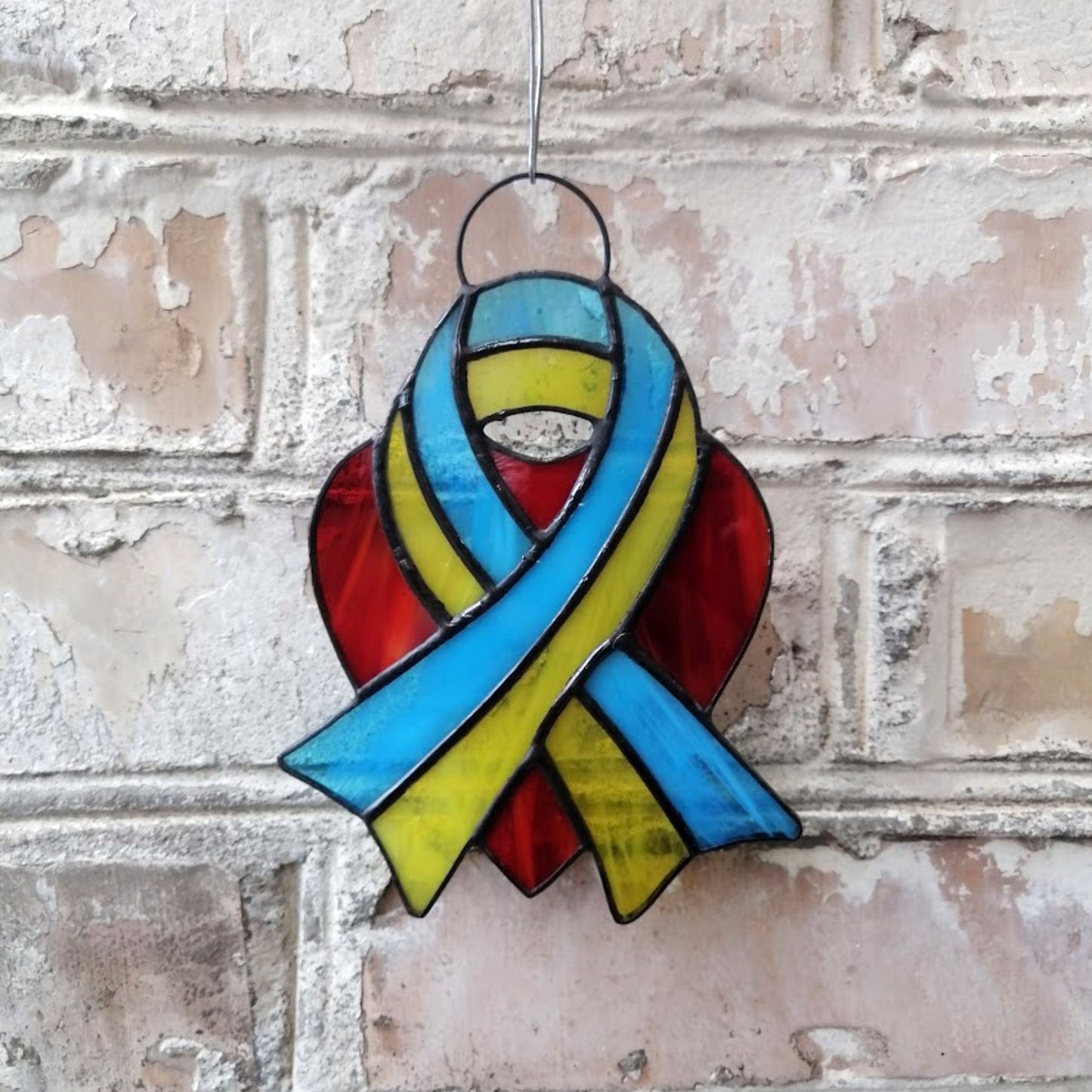 Ukraine Flag Ribbon and Red Heart Stained Glass Suncatcher