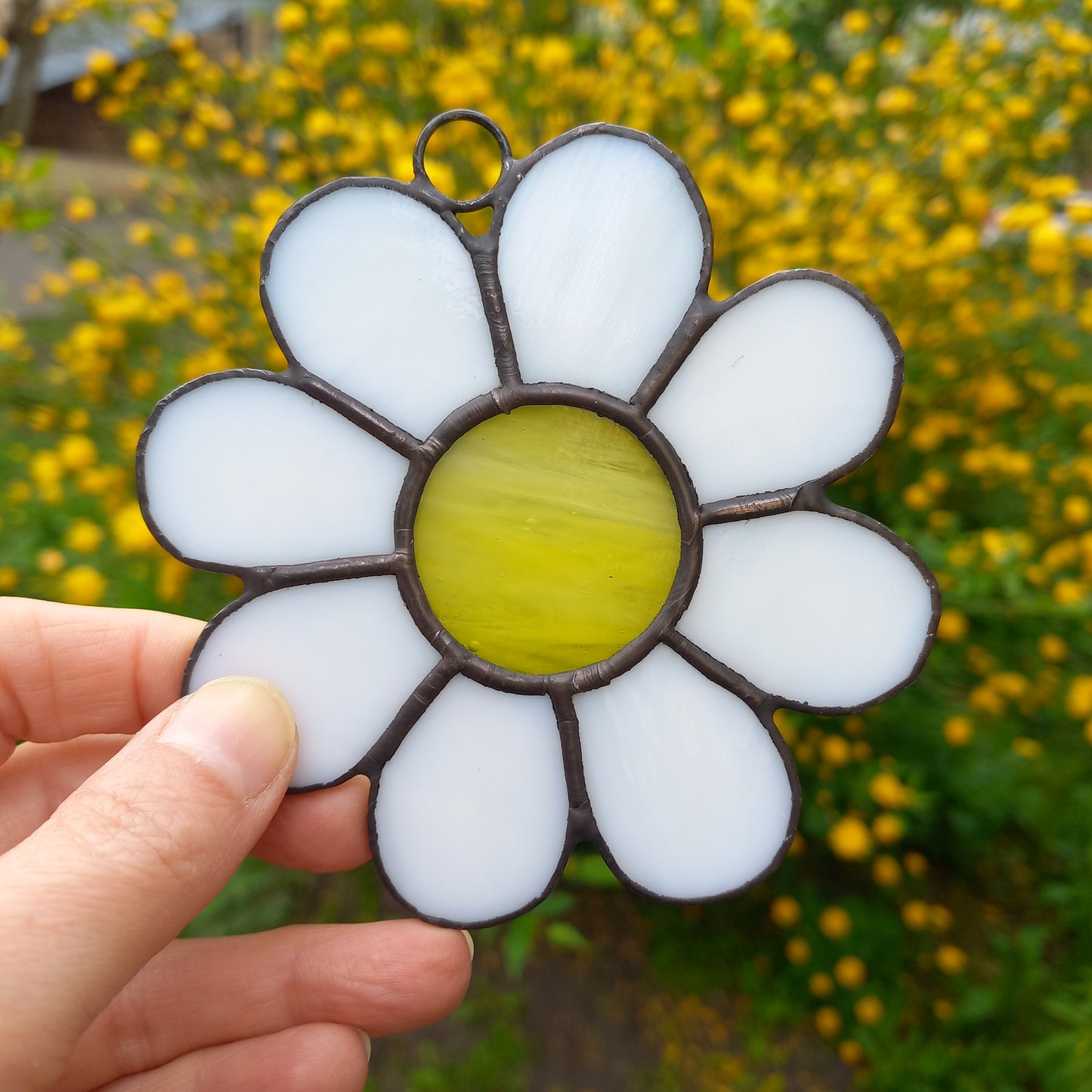 Lovely White Daisy Stained Glass Ornament