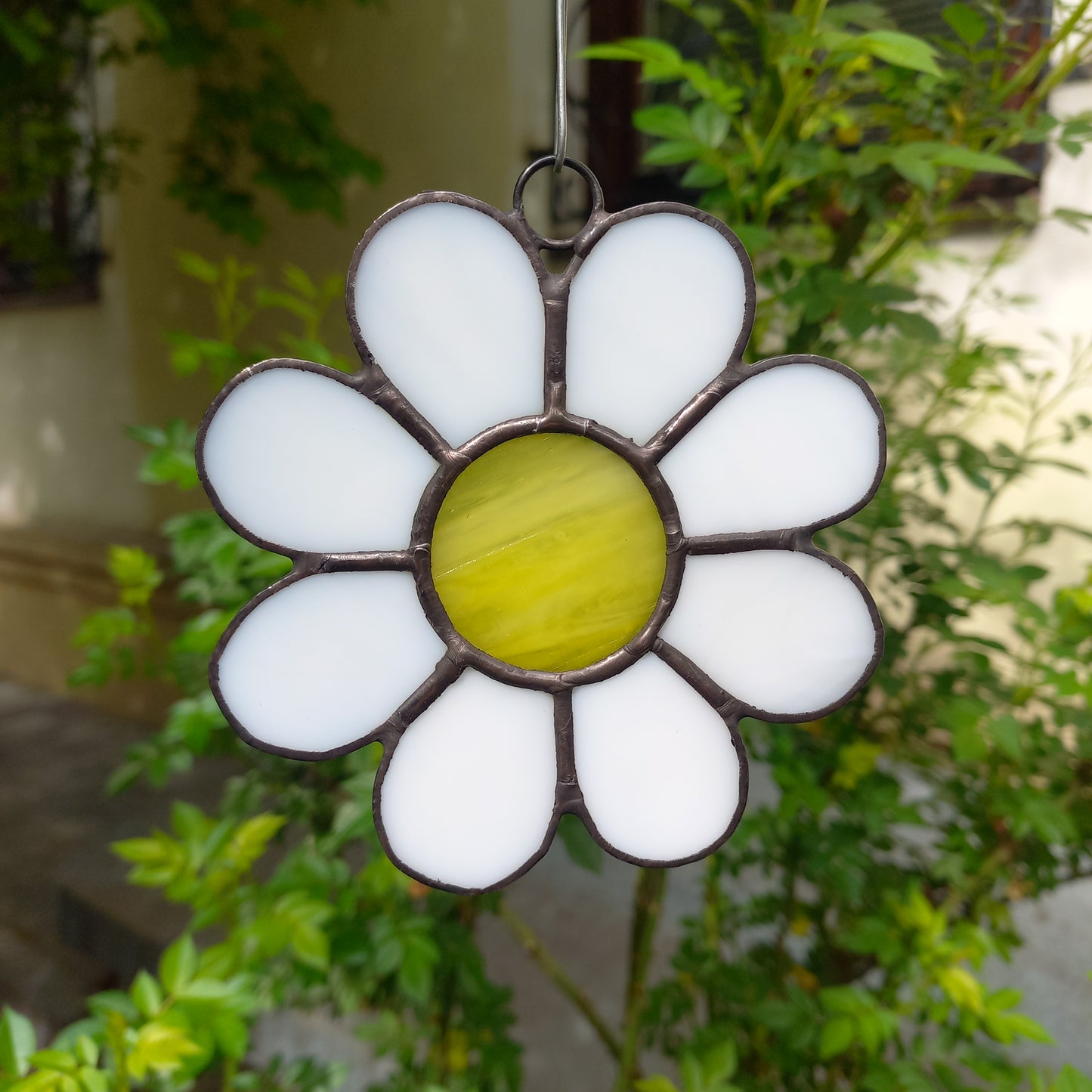 Lovely White Daisy Stained Glass Ornament