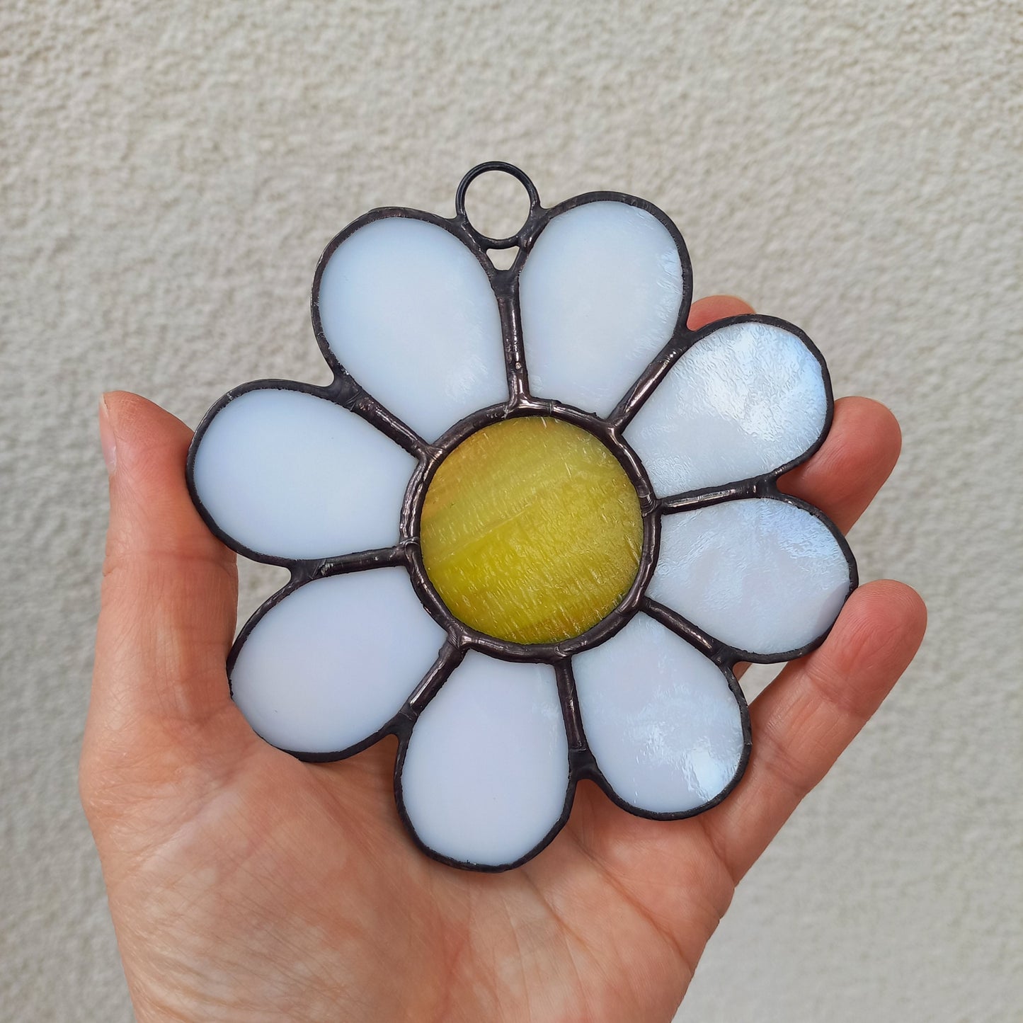 Lovely White Daisy Stained Glass Ornament