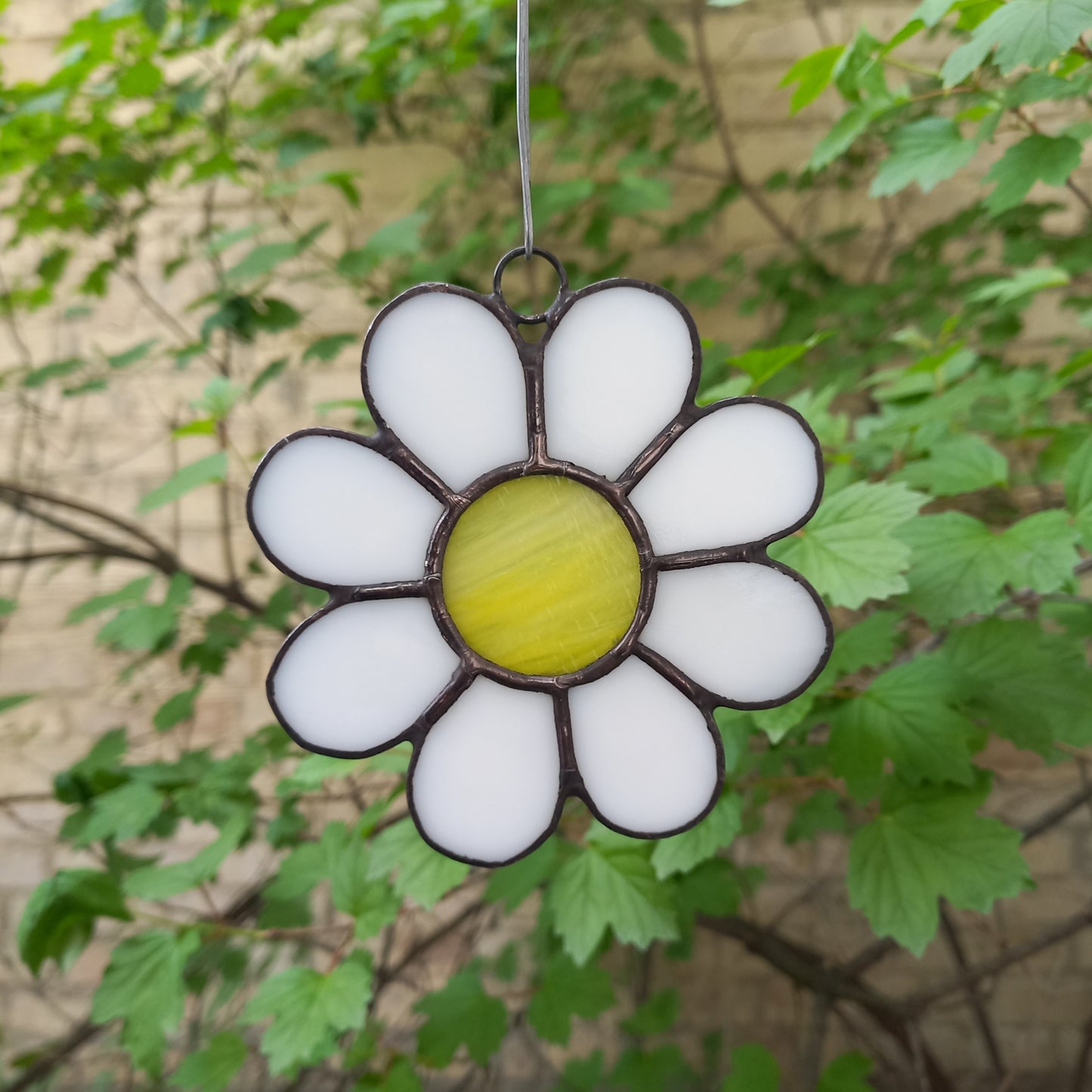 Lovely White Daisy Stained Glass Ornament