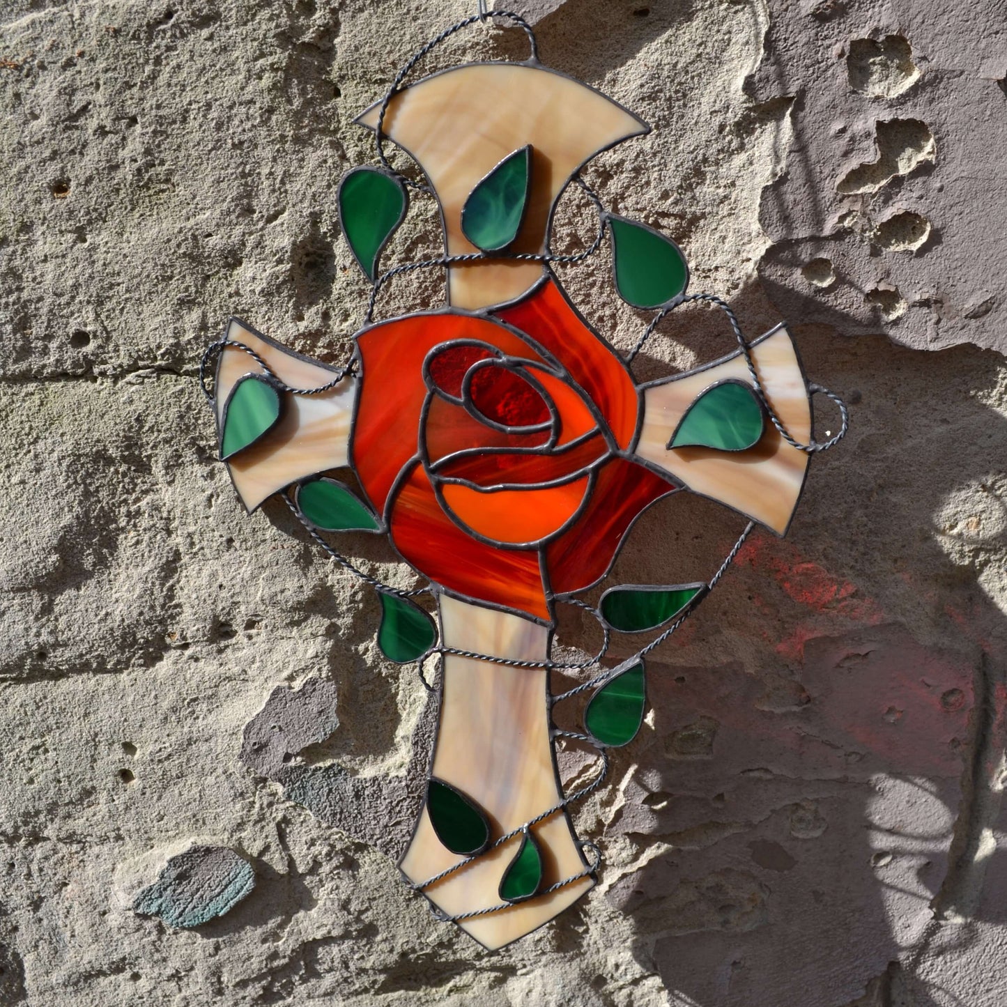 Red Rose Stained Glass Rosicrucian Cross Suncatcher