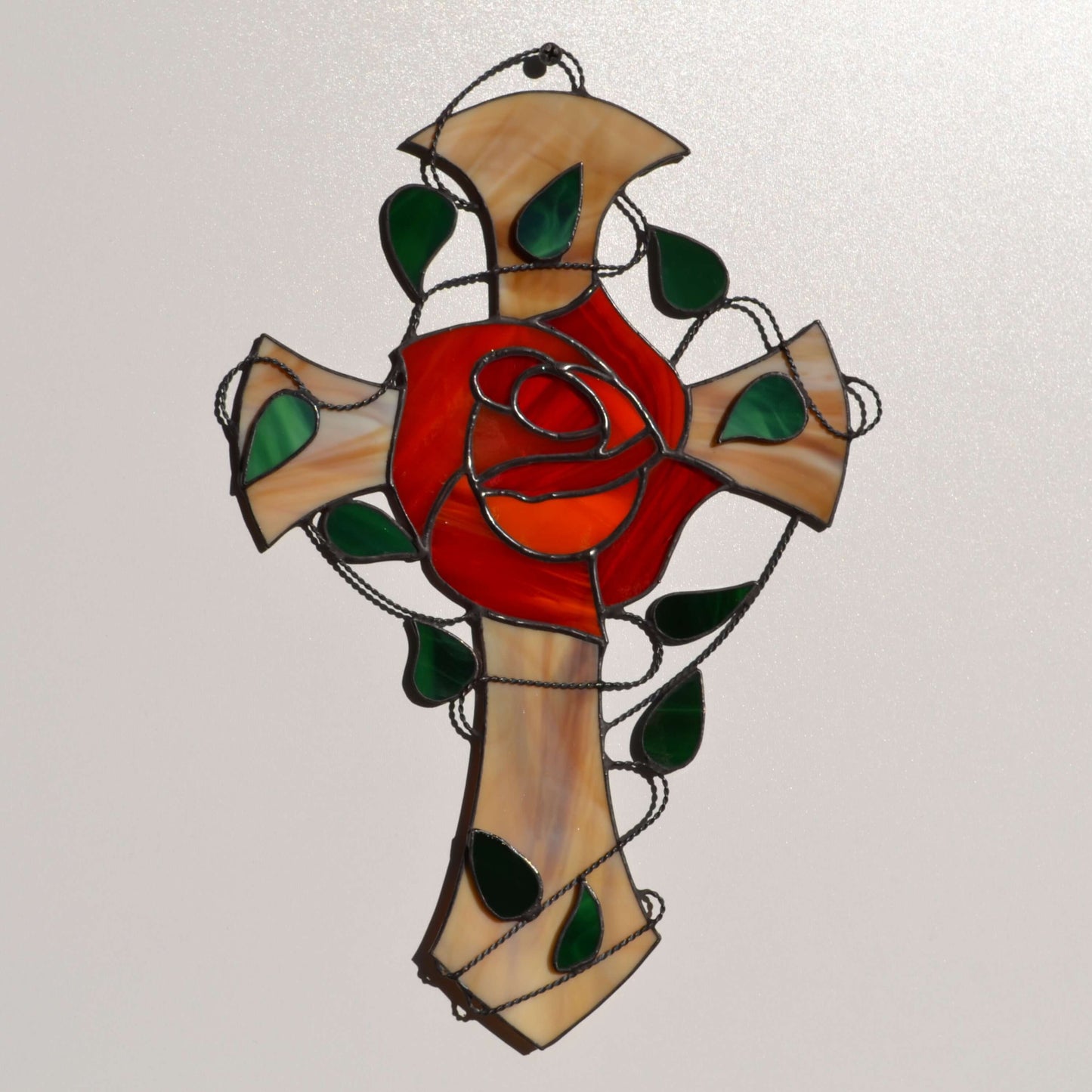 Red Rose Stained Glass Rosicrucian Cross Suncatcher