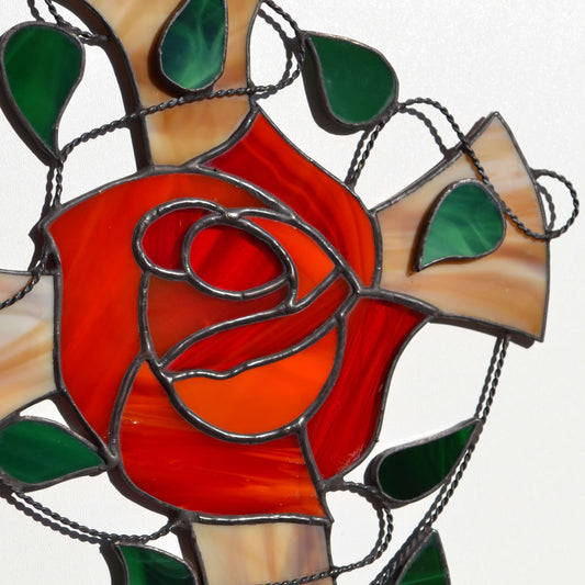 Red Rose Stained Glass Rosicrucian Cross Suncatcher