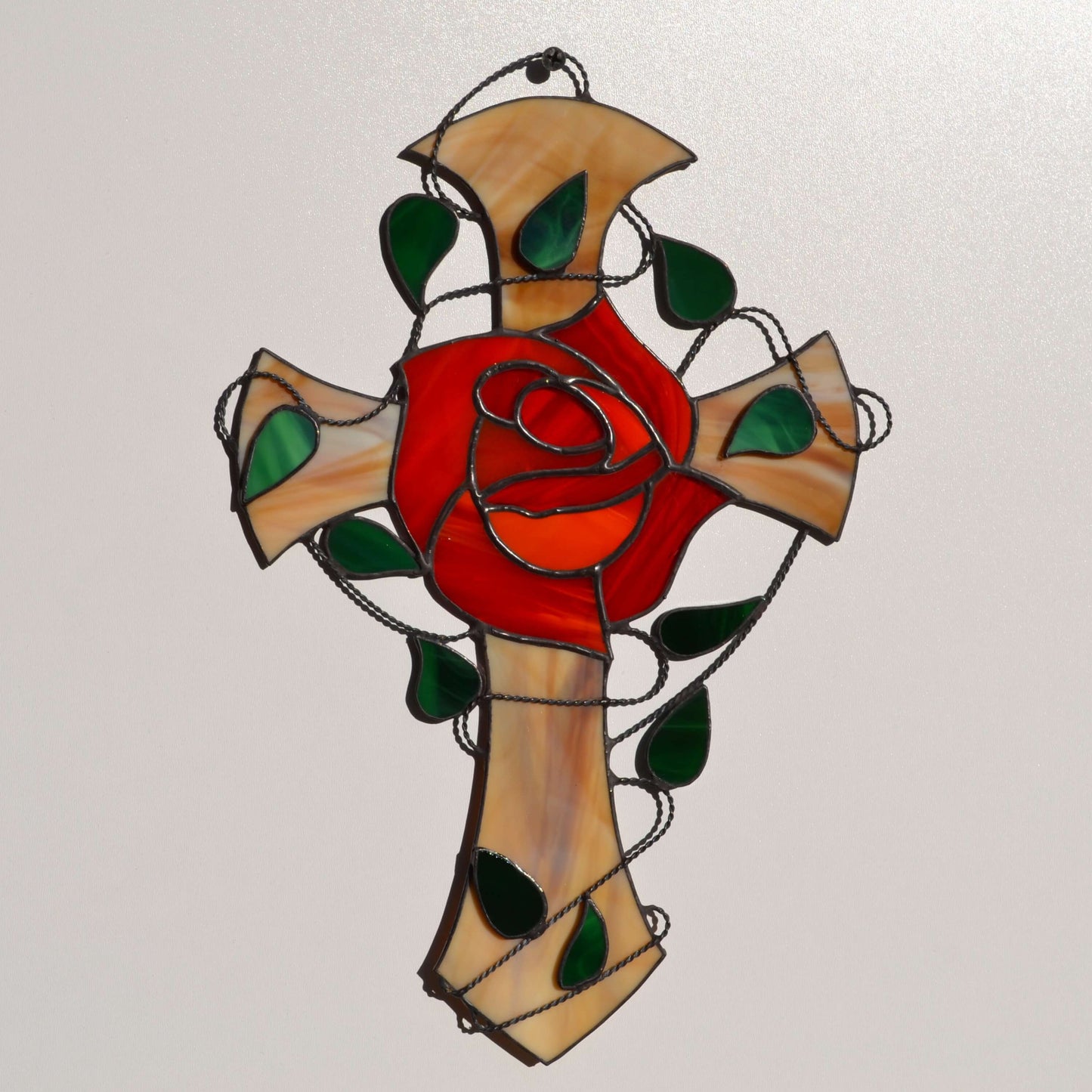 Red Rose Stained Glass Rosicrucian Cross Suncatcher