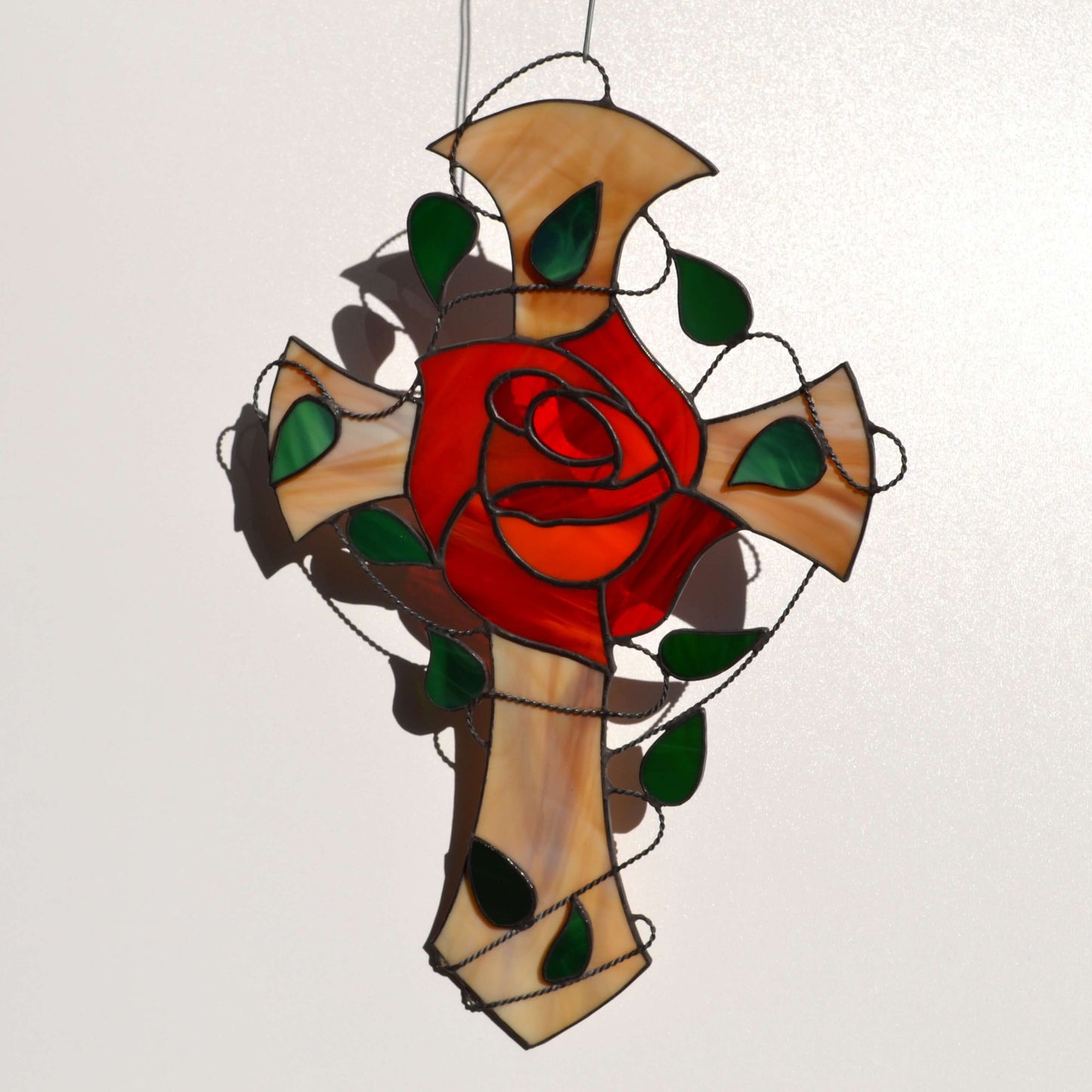 Red Rose Stained Glass Rosicrucian Cross Suncatcher