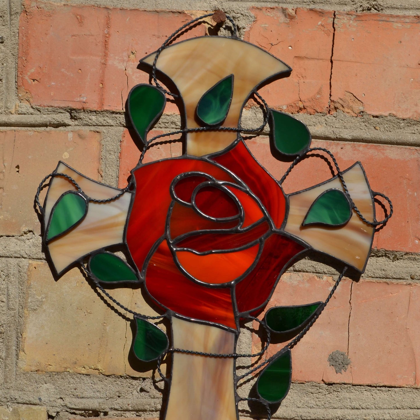 Red Rose Stained Glass Rosicrucian Cross Suncatcher
