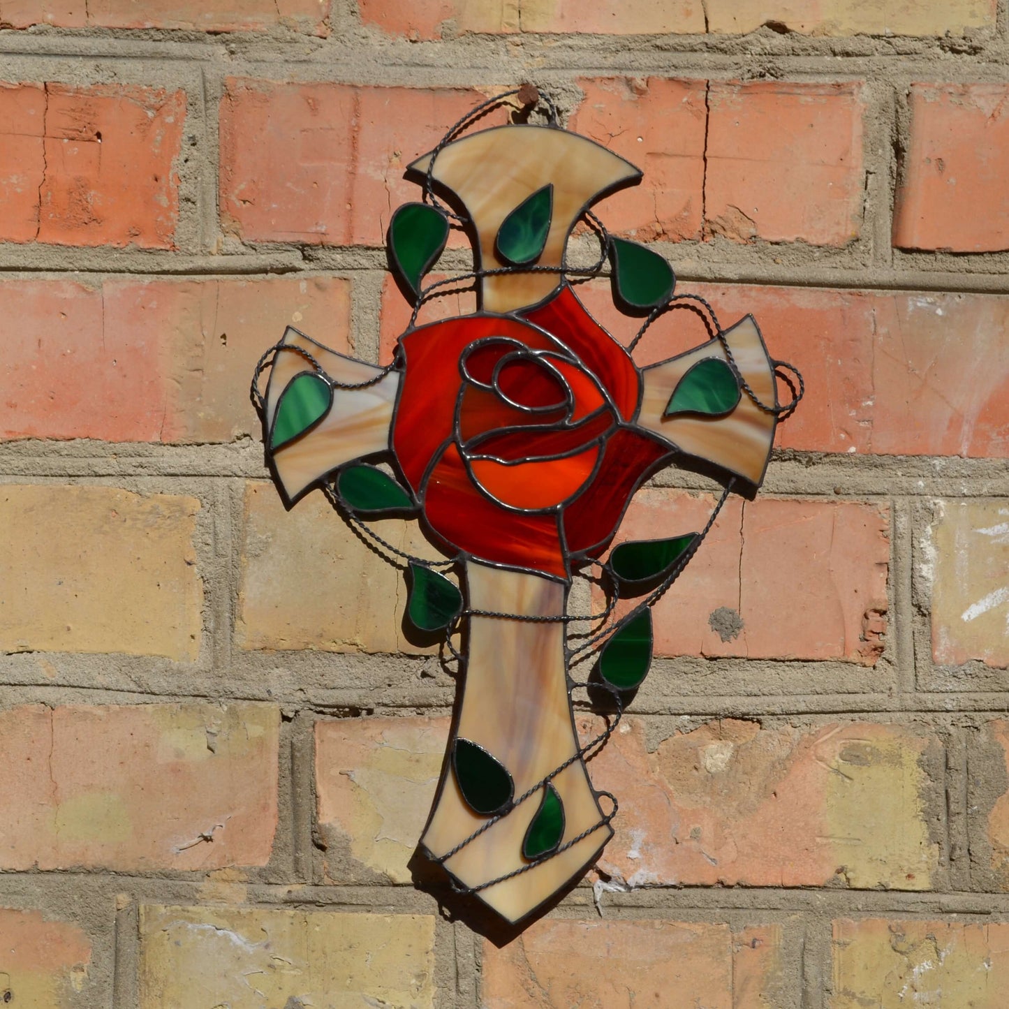 Red Rose Stained Glass Rosicrucian Cross Suncatcher