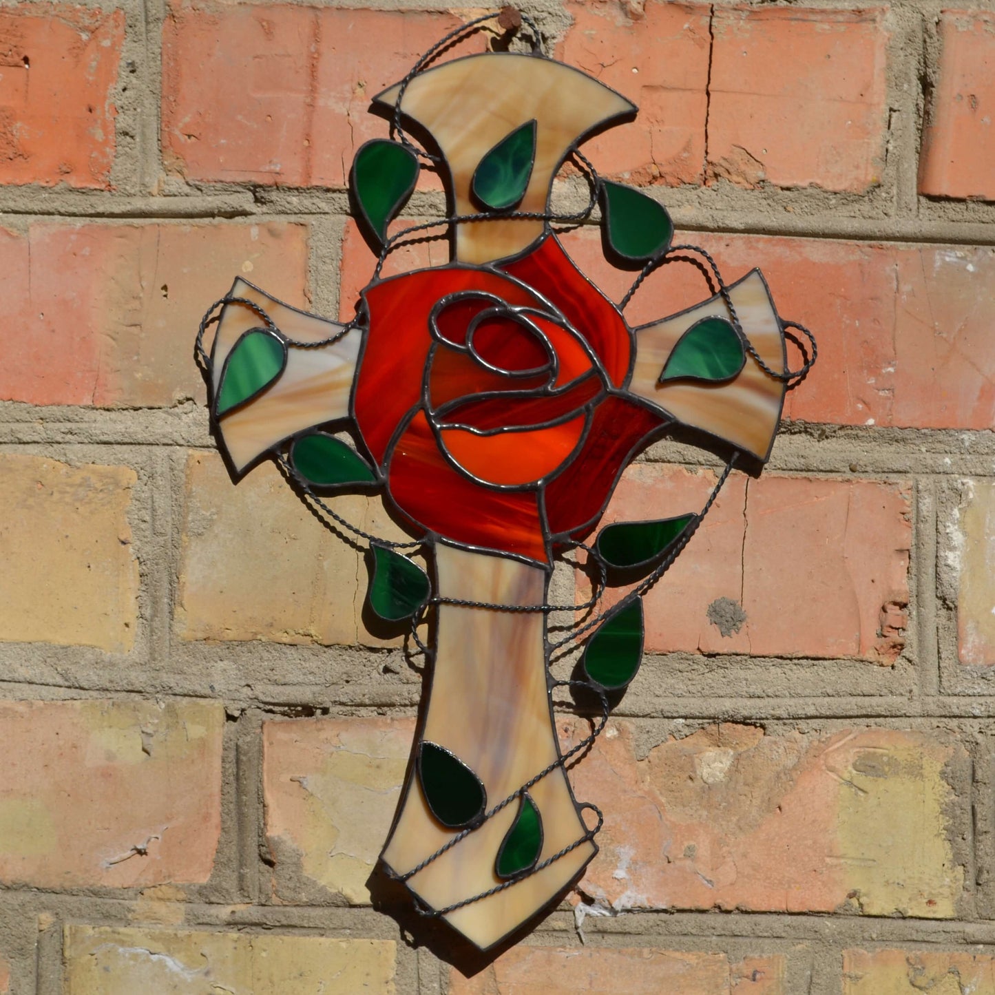 Red Rose Stained Glass Rosicrucian Cross Suncatcher