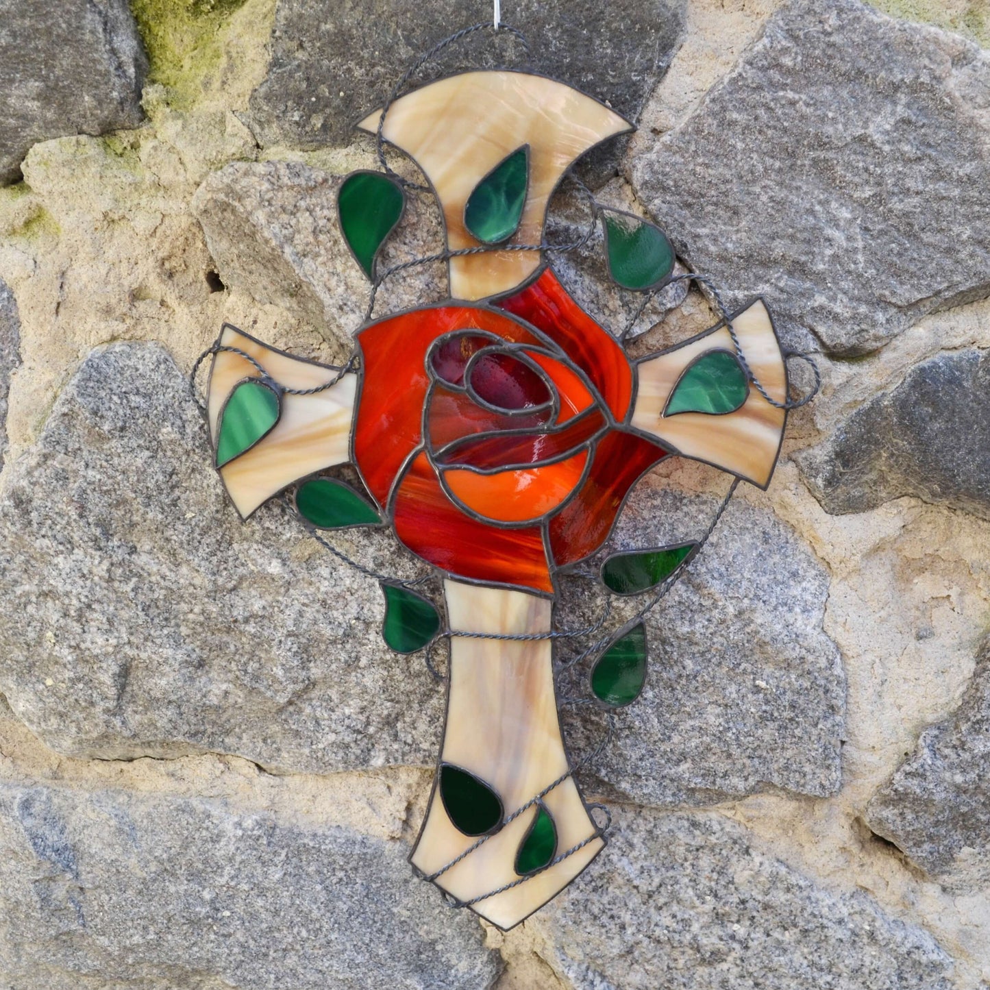 Red Rose Stained Glass Rosicrucian Cross Suncatcher