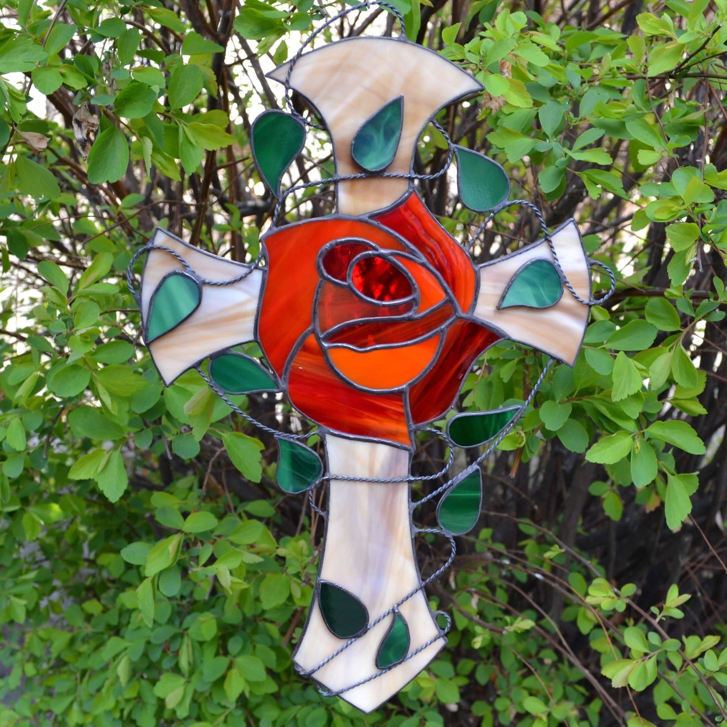 Red Rose Stained Glass Rosicrucian Cross Suncatcher