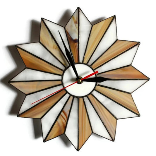 Mid Century Modern Starburst Wall Clock Brown White 10 / 14 Inch