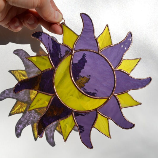 Purple Stained Glass Sun and Moon Suncatcher