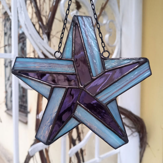Celestial Blue Purple Stained Glass Star Suncatcher