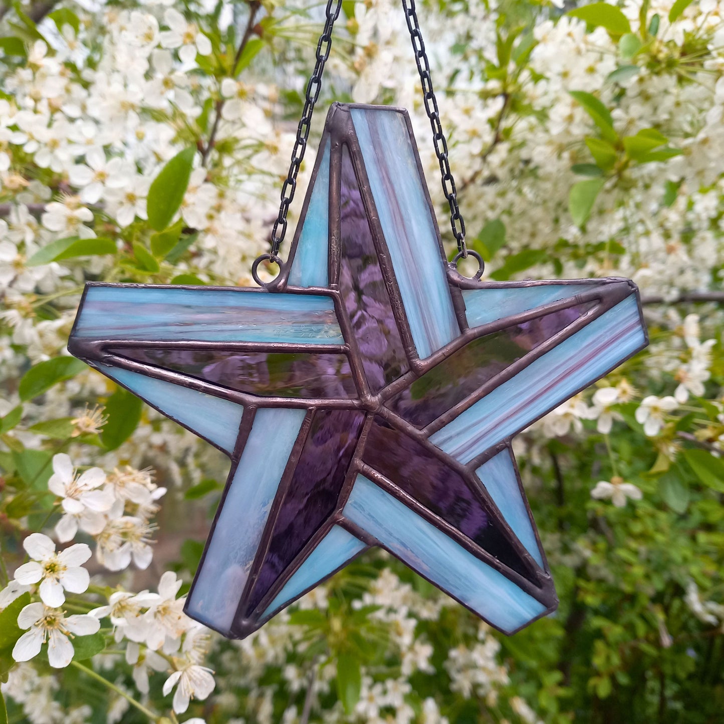 Celestial Blue Purple Stained Glass Star Suncatcher