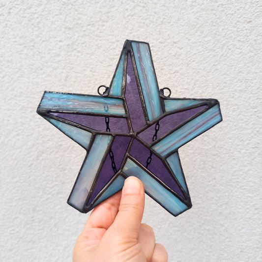 Celestial Blue Purple Stained Glass Star Suncatcher