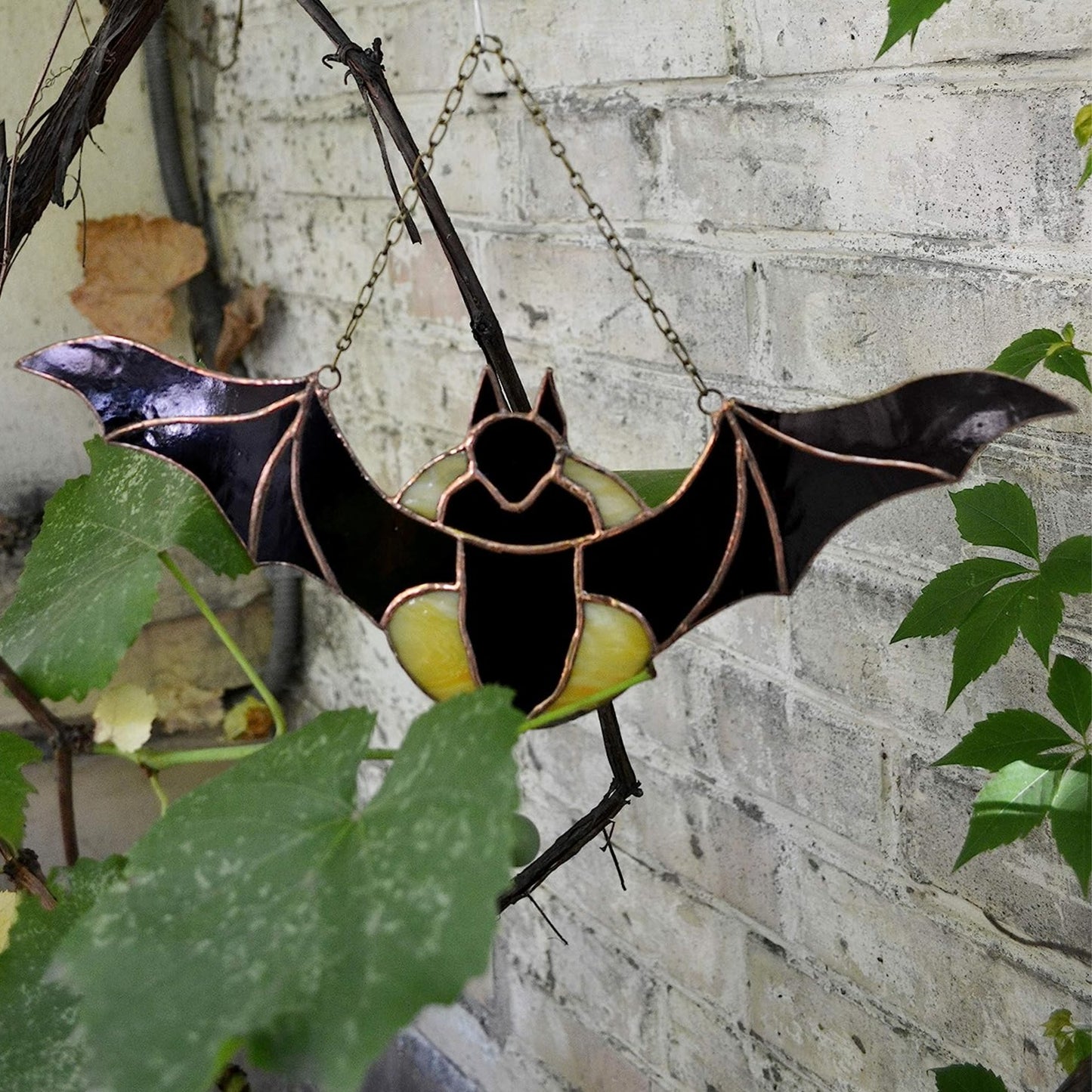 Flying by Full Moon Bat Stained Glass Suncatcher