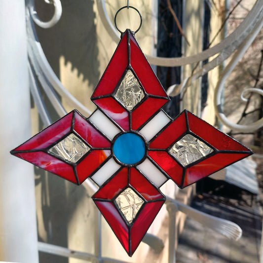 Abstract Red Geometric Star Stained Glass Suncatcher