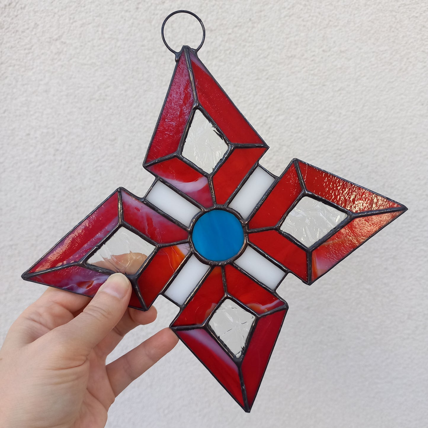 Abstract Red Geometric Star Stained Glass Suncatcher
