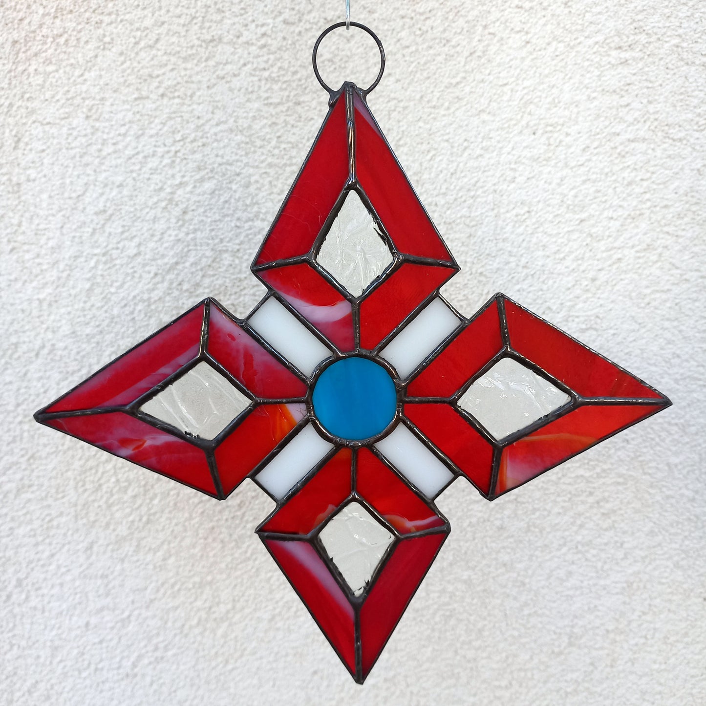 Abstract Red Geometric Star Stained Glass Suncatcher