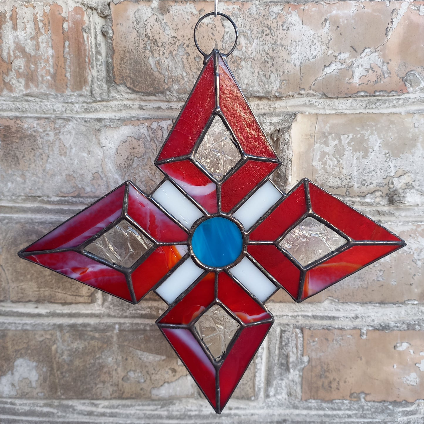 Abstract Red Geometric Star Stained Glass Suncatcher