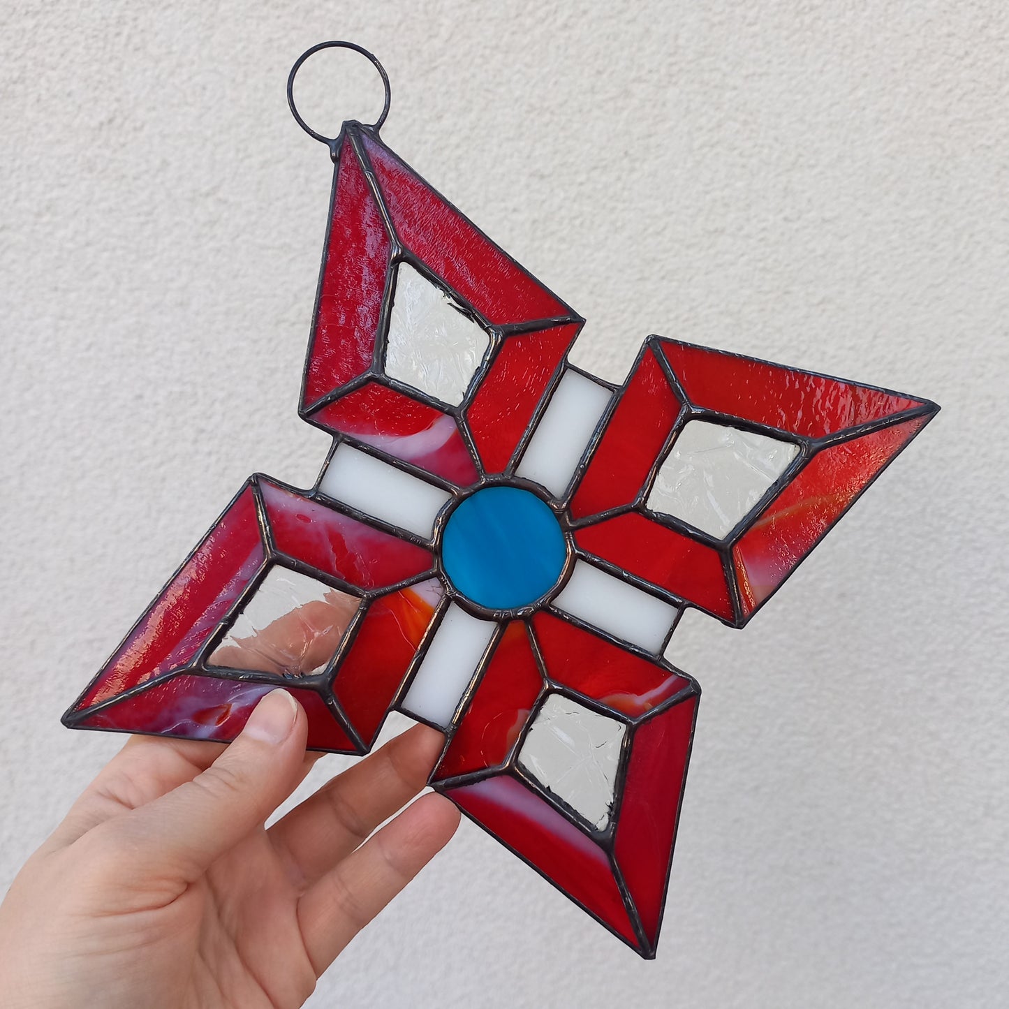 Abstract Red Geometric Star Stained Glass Suncatcher
