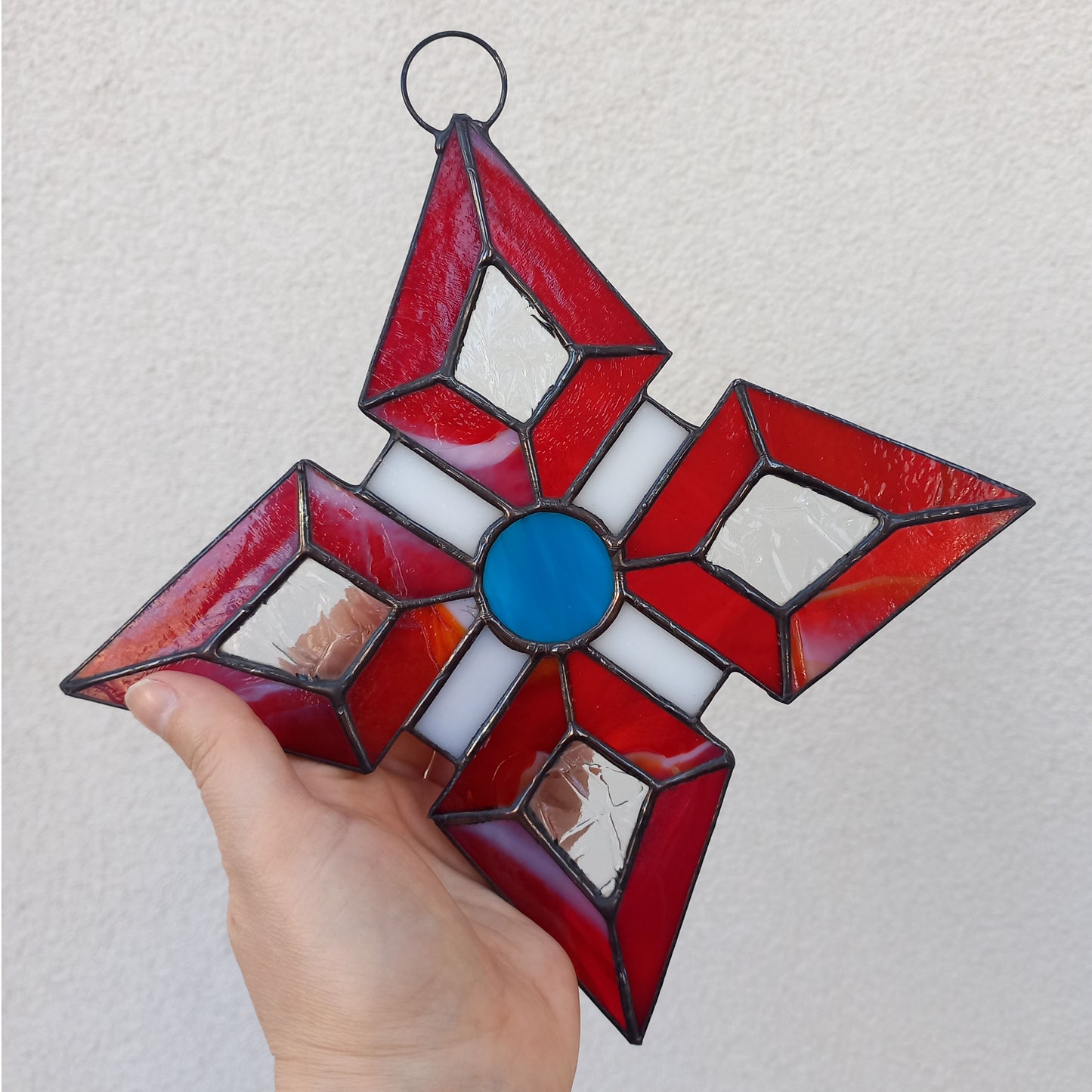 Abstract Red Geometric Star Stained Glass Suncatcher