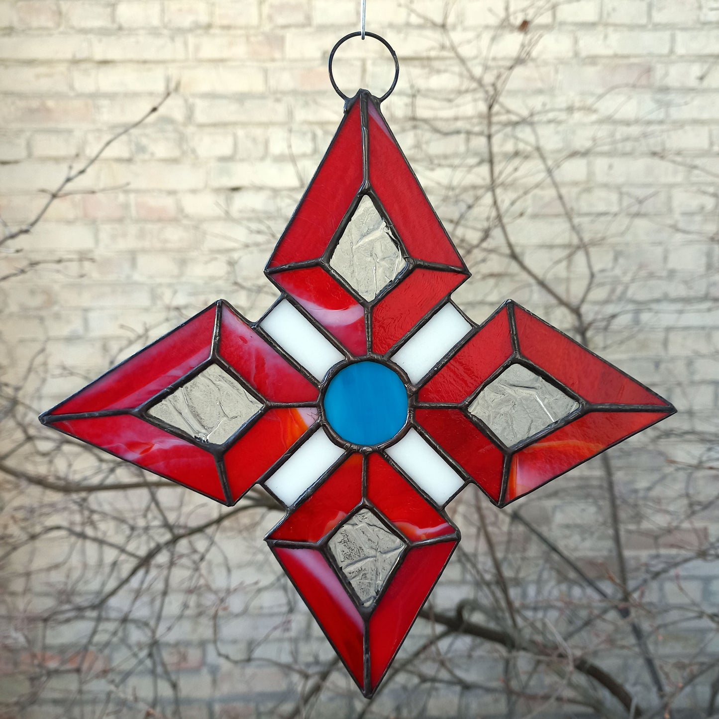 Abstract Red Geometric Star Stained Glass Suncatcher
