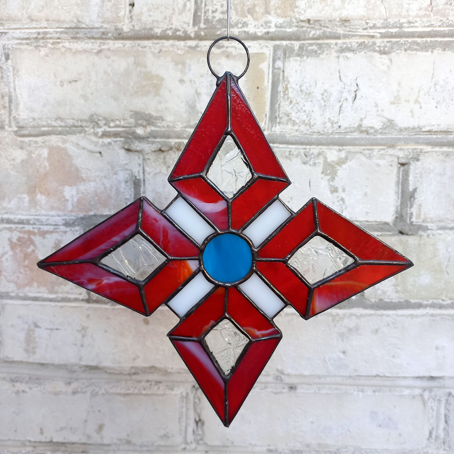 Abstract Red Geometric Star Stained Glass Suncatcher