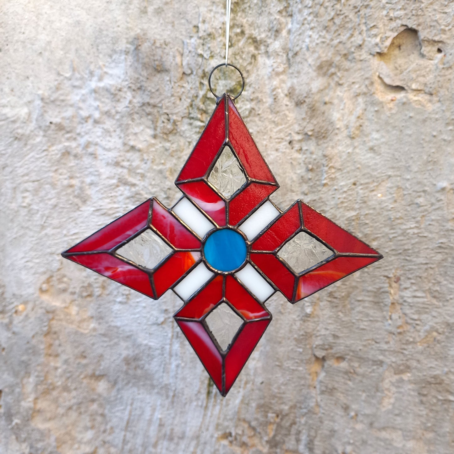 Abstract Red Geometric Star Stained Glass Suncatcher